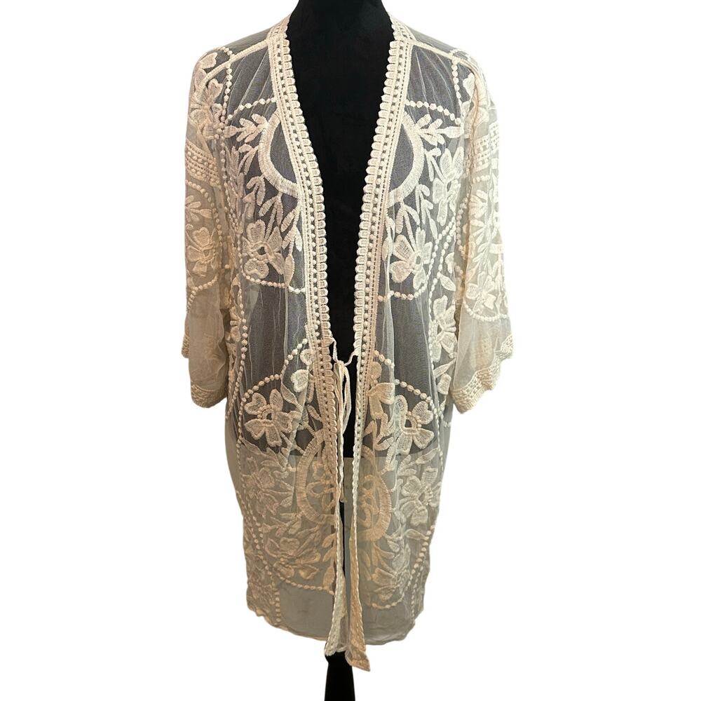 Umgee USA Lace Kimono Cardigan L Ivory Embroidered Sheer Boho Cottagecore Resort